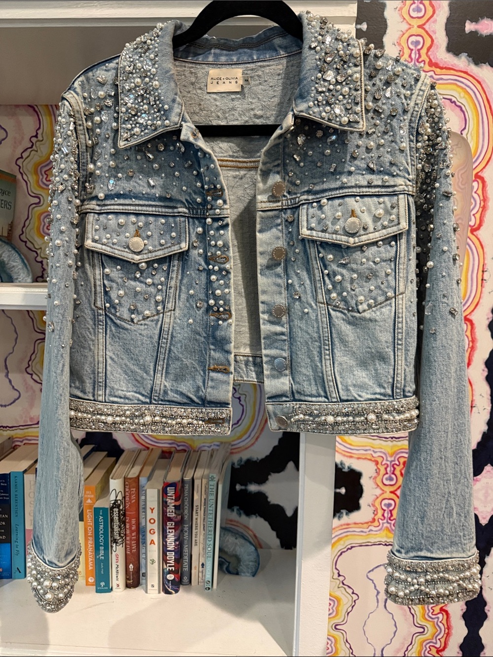 Alice + Olivia Light Wash Pearl-Embellished Denim Jacket